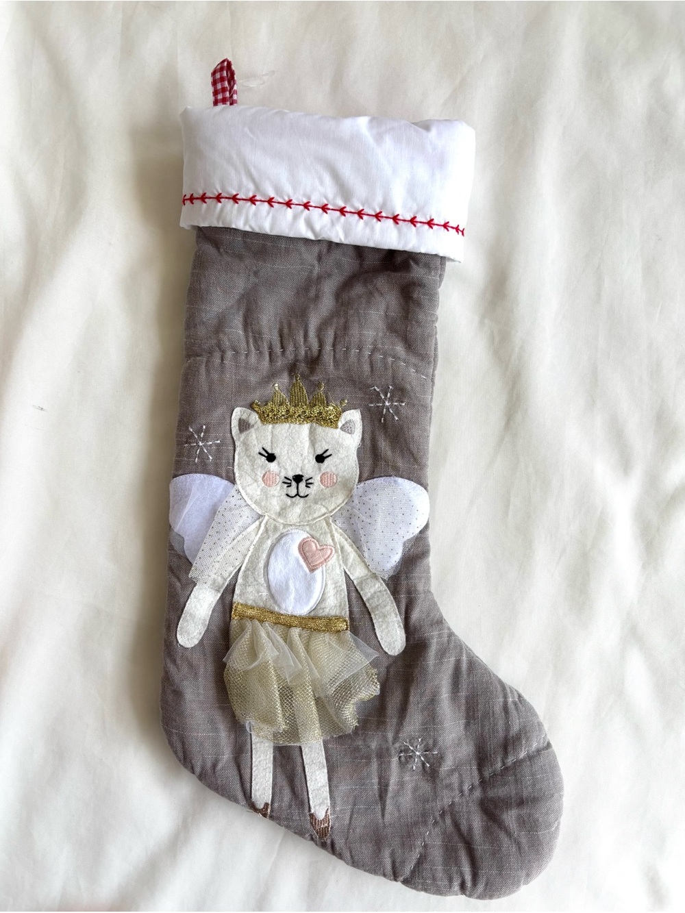 Pottery Barn fairy cat Christmas holiday stocking grey and white quilted